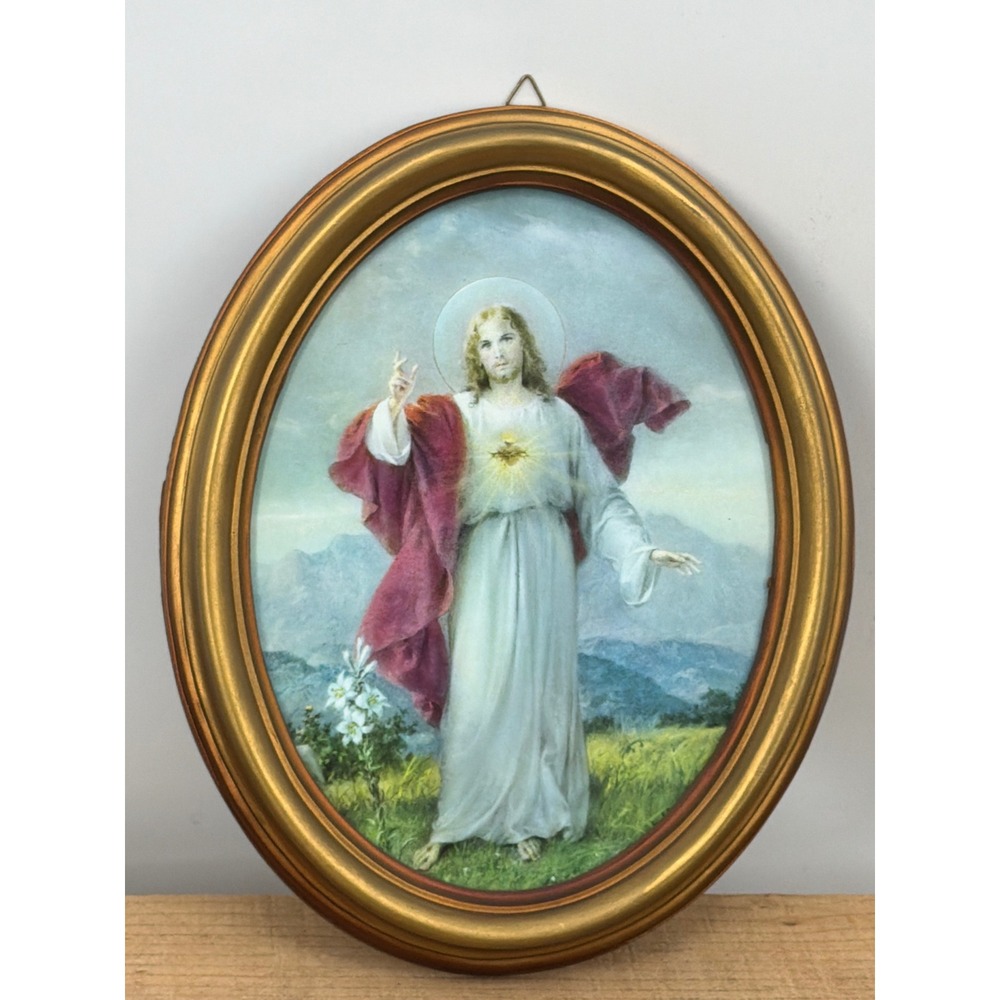 Vintage Sacred Heart of Jesus Oval Gold Frame Print Italy Religious Wall Art 10"